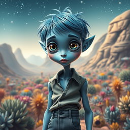 A tall boy alien resembling a human, with smooth blue skin and bright, captivating eyes that reflect a sense of wonder