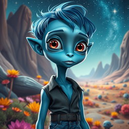 A tall boy alien resembling a human, with smooth blue skin and bright, captivating eyes that reflect a sense of wonder