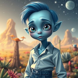 A tall boy alien resembling a human, with smooth blue skin and bright, captivating eyes that reflect a sense of wonder