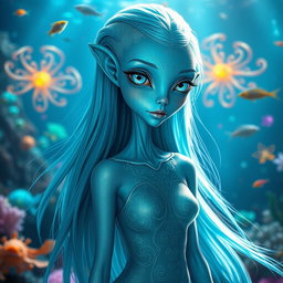 A tall girl alien resembling a human, with beautiful aqua blue skin that glistens softly under light, highlighting her elegant features