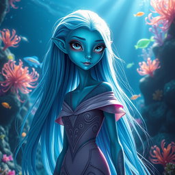 A tall girl alien resembling a human, with beautiful aqua blue skin that glistens softly under light, highlighting her elegant features