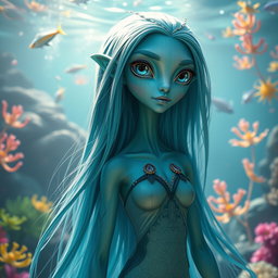 A tall girl alien resembling a human, with beautiful aqua blue skin that glistens softly under light, highlighting her elegant features