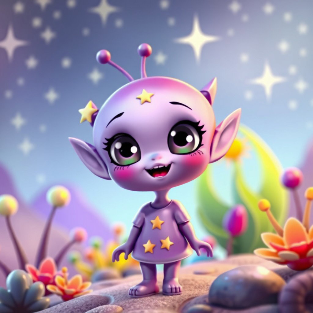 A tiny, adorable purple alien girl with big, sparkling eyes and a playful smile