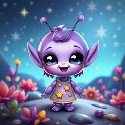 A tiny, adorable purple alien girl with big, sparkling eyes and a playful smile