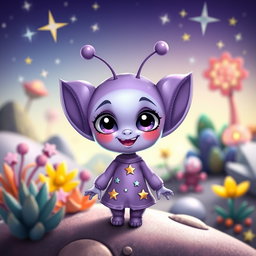 A tiny, adorable purple alien girl with big, sparkling eyes and a playful smile