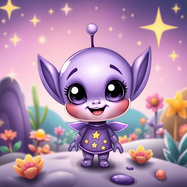 A tiny, adorable purple alien girl with big, sparkling eyes and a playful smile