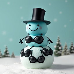 A quirky teal character composed of four snowballs stacked on top of each other, with the top ball serving as her head