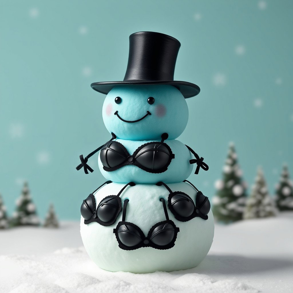 A quirky teal character composed of four snowballs stacked on top of each other, with the top ball serving as her head