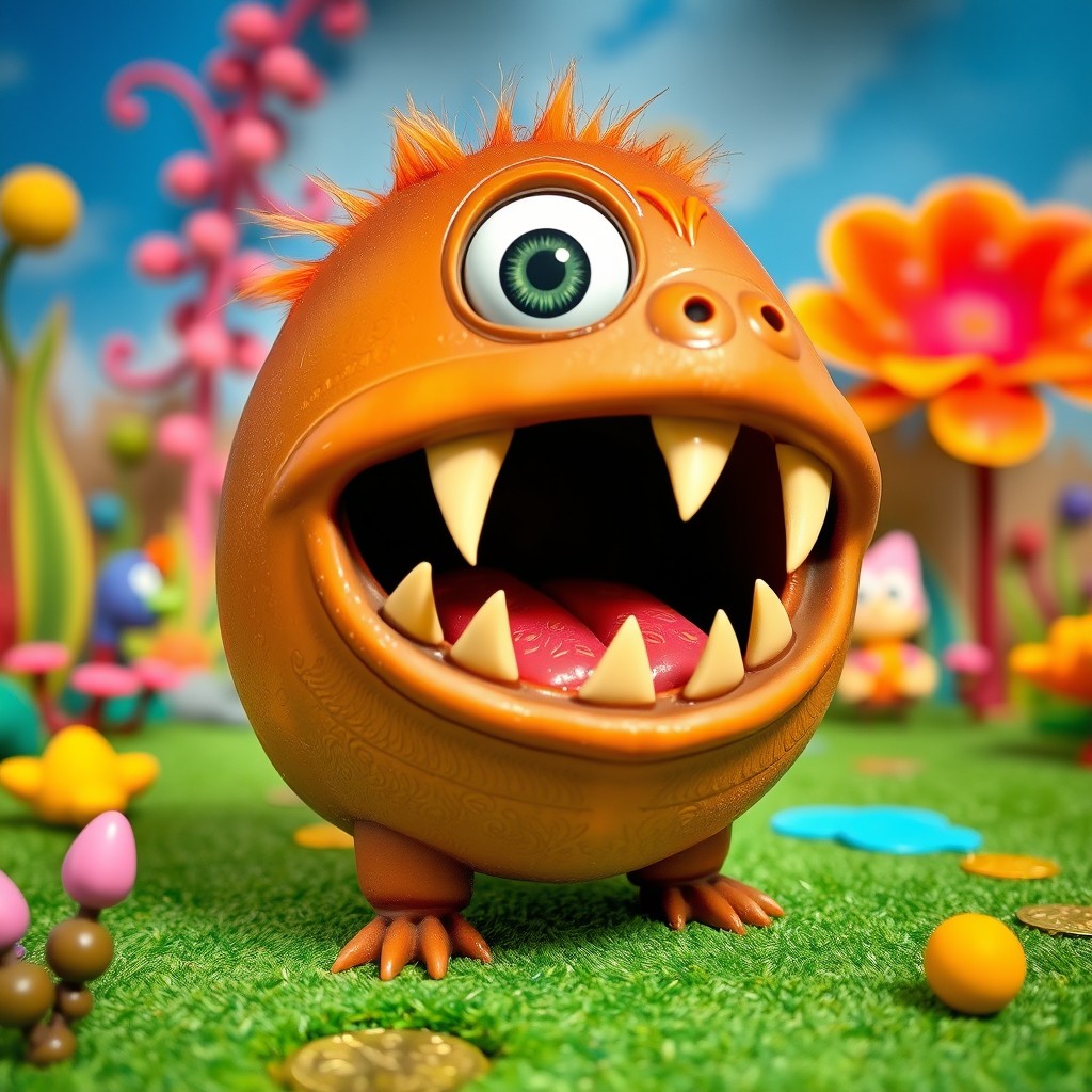 A short, whimsical creature with a brown body and a ginormous mouth displaying five sharp teeth, giving it a charming yet slightly mischievous appearance