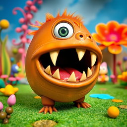 A short, whimsical creature with a brown body and a ginormous mouth displaying five sharp teeth, giving it a charming yet slightly mischievous appearance