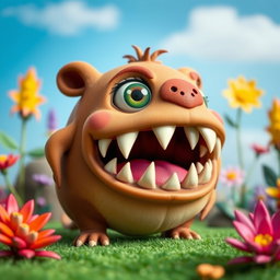 A short, whimsical creature with a brown body and a ginormous mouth displaying five sharp teeth, giving it a charming yet slightly mischievous appearance