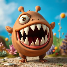 A short, whimsical creature with a brown body and a ginormous mouth displaying five sharp teeth, giving it a charming yet slightly mischievous appearance
