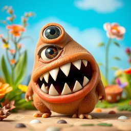 A short, whimsical creature with a brown body and a ginormous mouth displaying five sharp teeth, giving it a charming yet slightly mischievous appearance