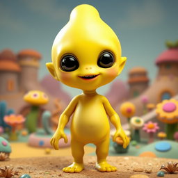 A playful yellow alien boy with a unique C-shaped head and a cheerful expression
