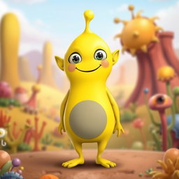 A playful yellow alien boy with a unique C-shaped head and a cheerful expression