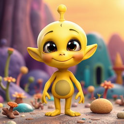 A playful yellow alien boy with a unique C-shaped head and a cheerful expression
