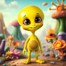 A playful yellow alien boy with a unique C-shaped head and a cheerful expression