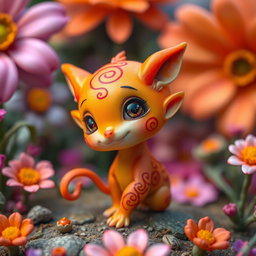 A tiny, whimsical creature with a bright orange body and head, giving it a vibrant and eye-catching appearance