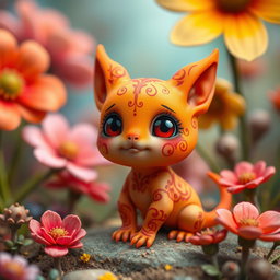 A tiny, whimsical creature with a bright orange body and head, giving it a vibrant and eye-catching appearance