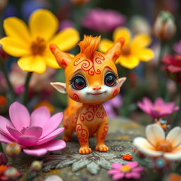 A tiny, whimsical creature with a bright orange body and head, giving it a vibrant and eye-catching appearance