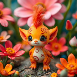 A tiny, whimsical creature with a bright orange body and head, giving it a vibrant and eye-catching appearance