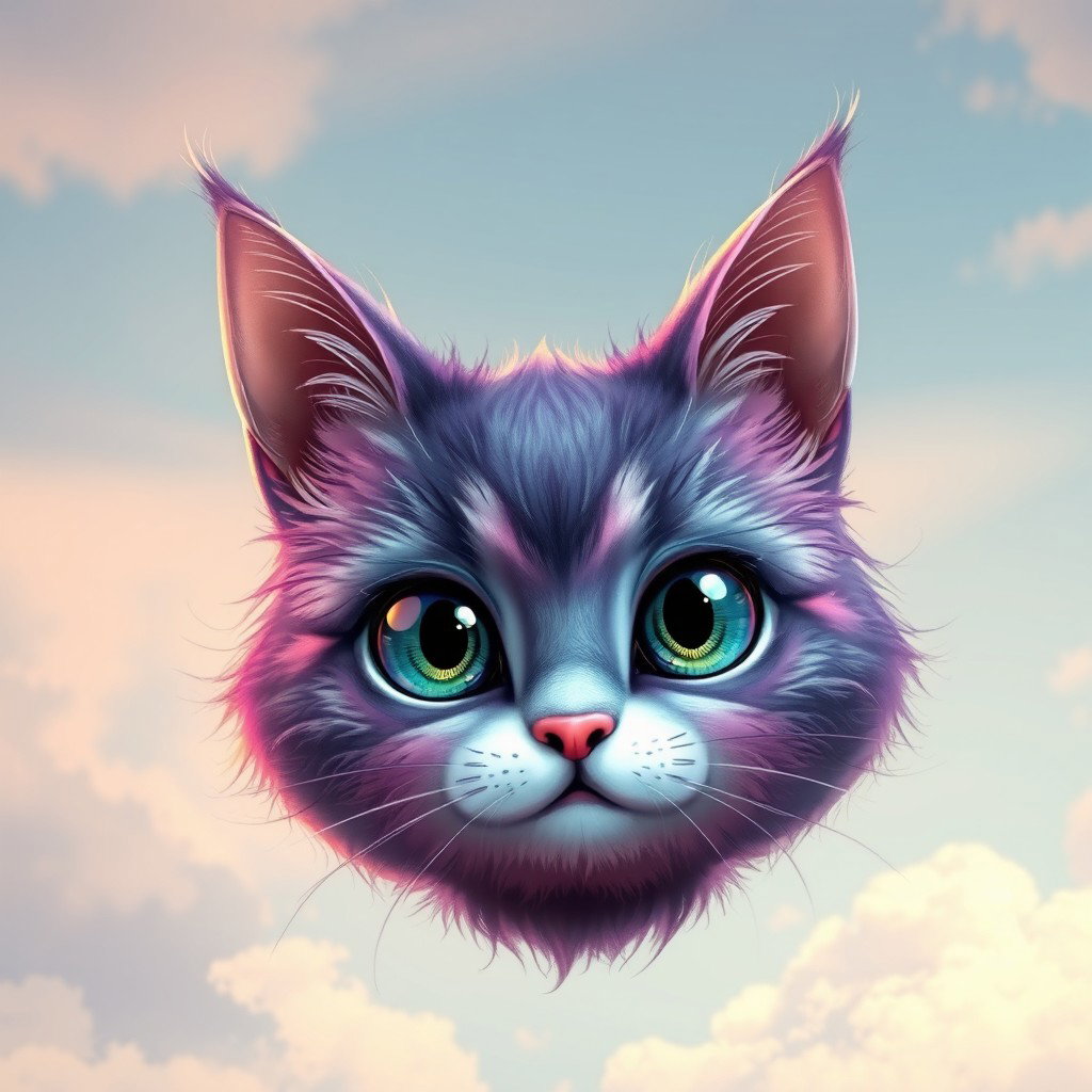 A floating cat head with an enchanting, whimsical design, complete with large, expressive eyes and perked ears that exude a playful charm