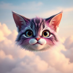 A floating cat head with an enchanting, whimsical design, complete with large, expressive eyes and perked ears that exude a playful charm