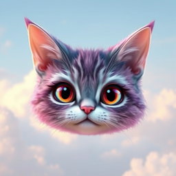 A floating cat head with an enchanting, whimsical design, complete with large, expressive eyes and perked ears that exude a playful charm