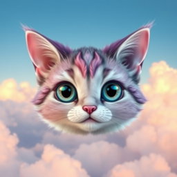 A floating cat head with an enchanting, whimsical design, complete with large, expressive eyes and perked ears that exude a playful charm