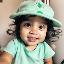 A grainy, phone-quality selfie of a charming toddler girl with radiant black hair and olive skin, wearing a cap styled neatly on her head and a fresh mint-colored t-shirt.