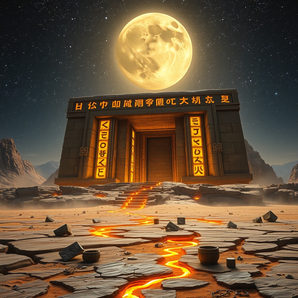 A colossal ancient stone vault monument, adorned with golden runes glowing like molten veins, emerges from a vast cracked plateau under a majestic starry night sky