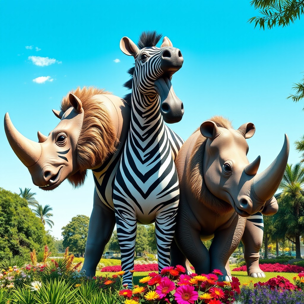 A fantastical three-headed creature inspired by zoo animals, incorporating features of a rhinoceros, a zebra, and a lion