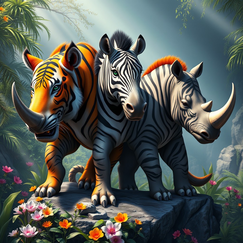A stunning three-headed chimera featuring a unique combination of a rhinoceros, a zebra, and a tiger