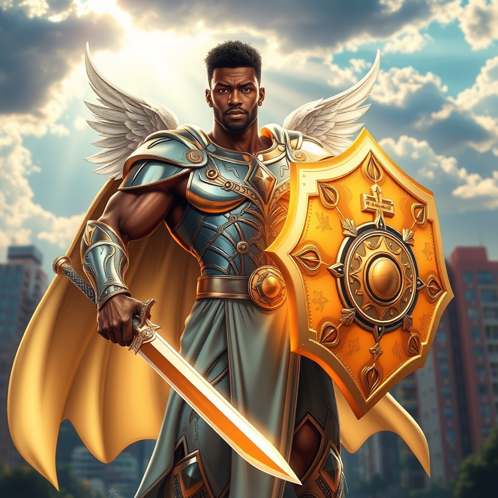 A modern-day superhero with a strong, muscular build, showcasing intricate angelic holy armor that glimmers with a celestial light