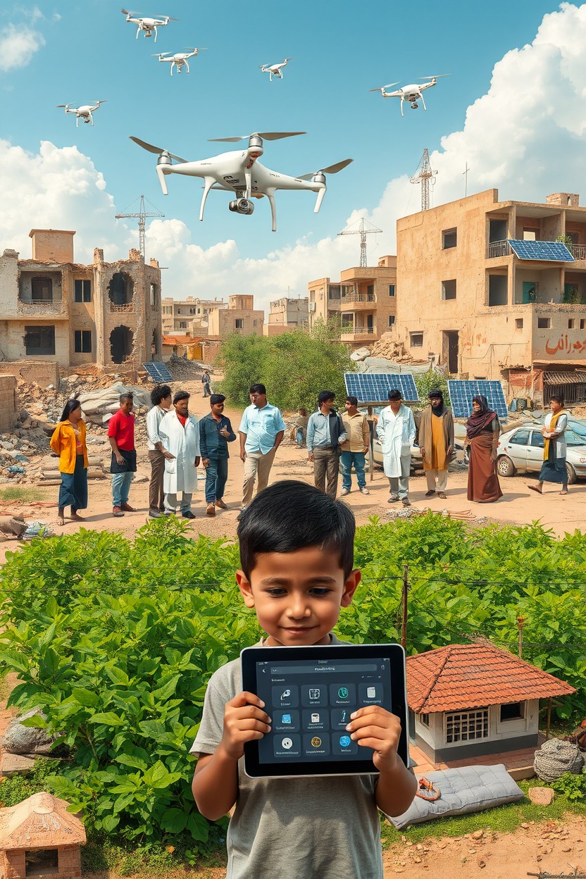 An artistic representation highlighting the theme of science, technology, and development in war-affected regions