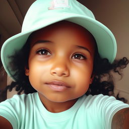 A grainy, phone-quality selfie of a delightful toddler girl with black hair, olive skin, donning a cap and a mint-colored t-shirt, encapsulating her candid charm.