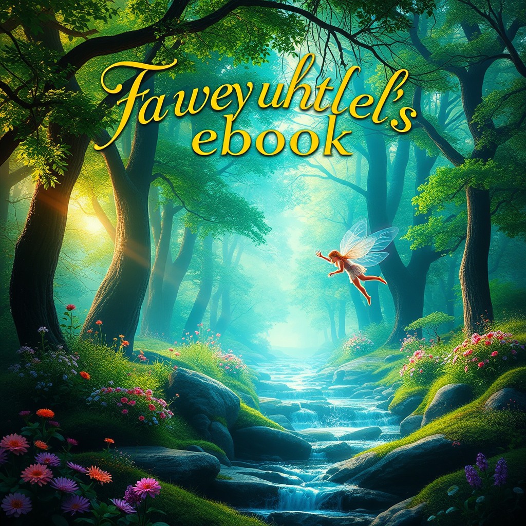 A vibrant and eye-catching ebook cover featuring a mystical forest scene with lush green trees, colorful wildflowers, and a soft, glowing light filtering through the branches