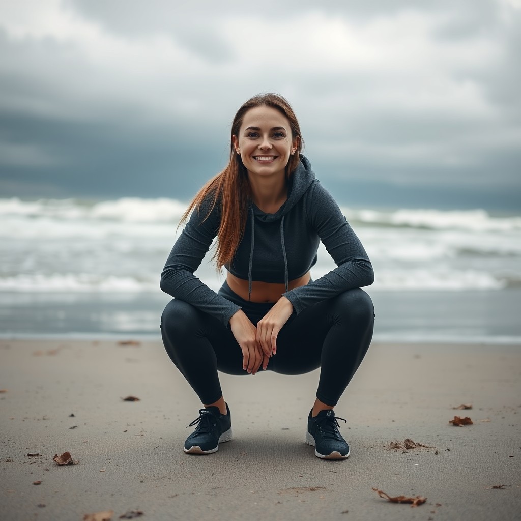 A tall, elegant Ukrainian woman with a sweet smile, squatting down on a beach during a dark overcast day