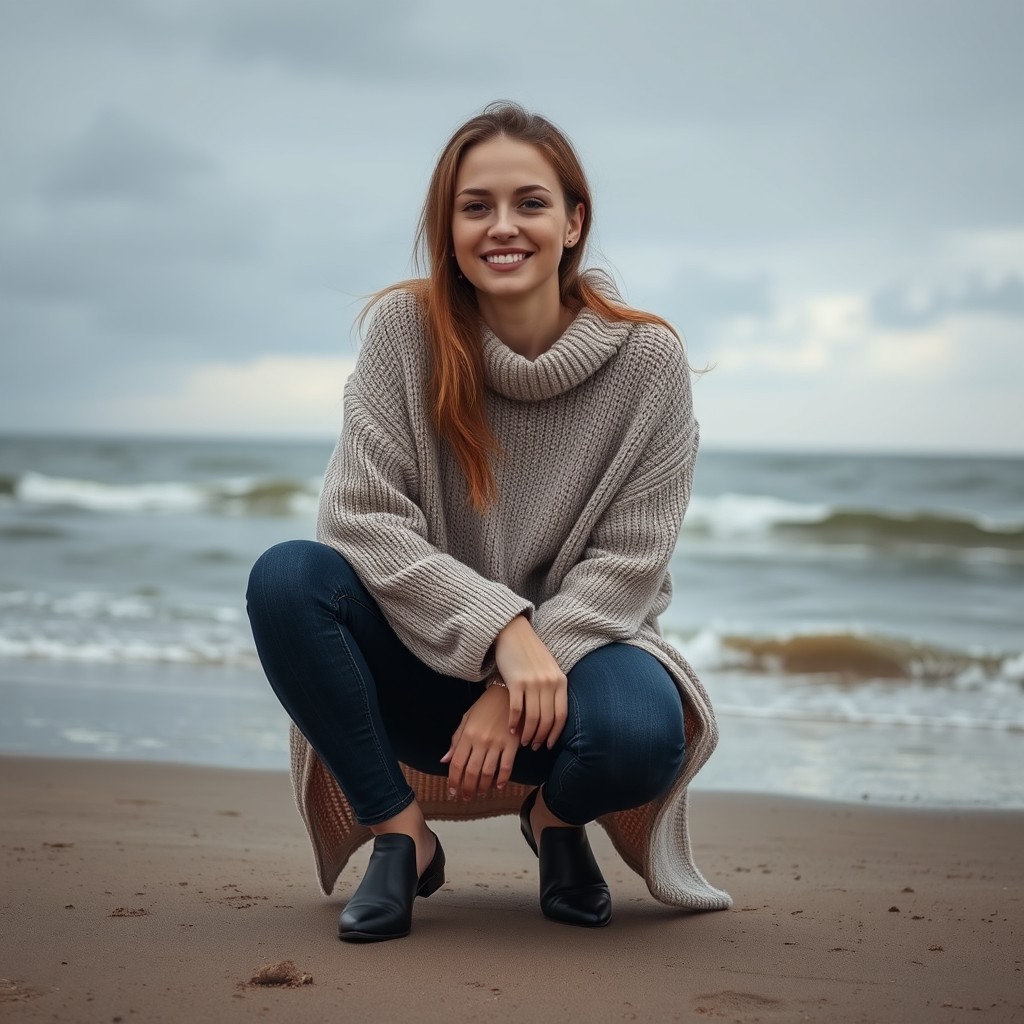 A tall, elegant Ukrainian woman with a sweet smile, squatting down on a beach during a dark overcast day
