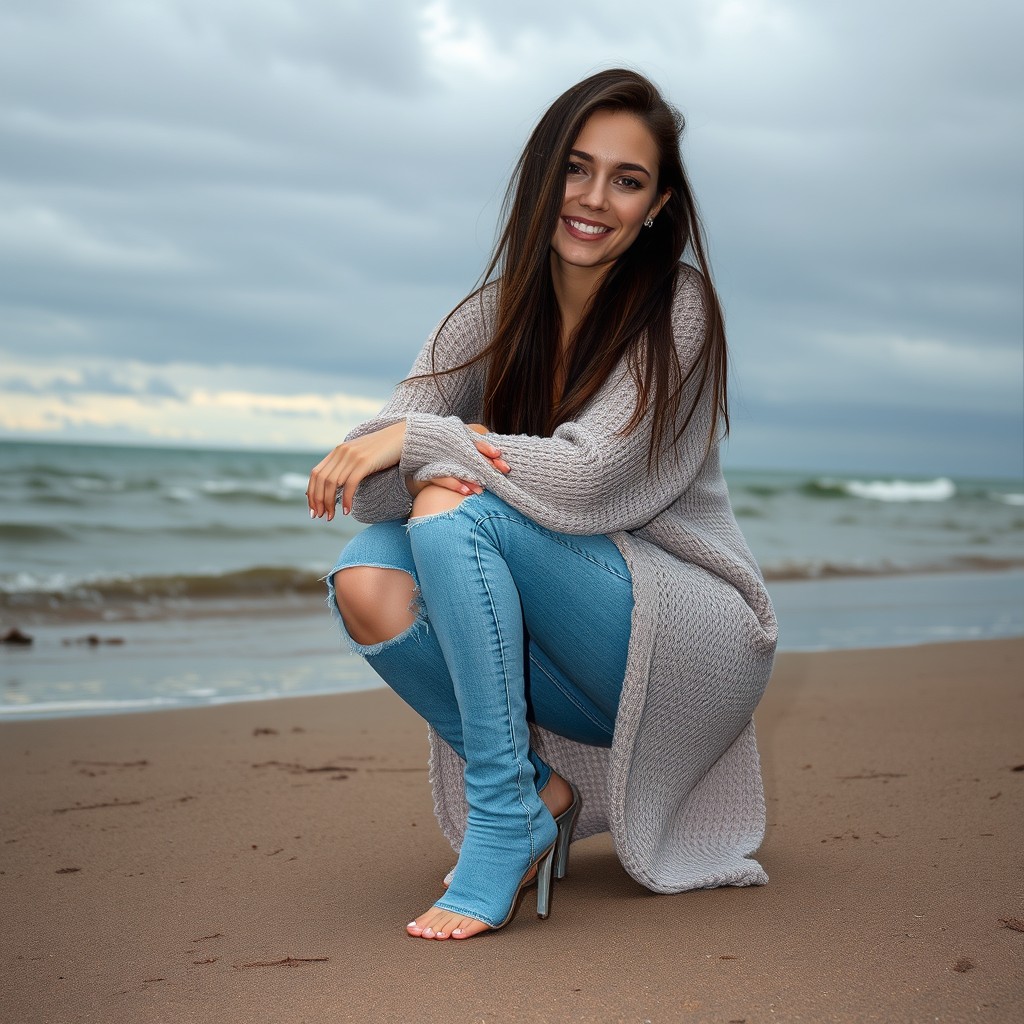 A tall, elegant Ukrainian woman with a sweet smile, squatting low on a beach during a dark overcast day