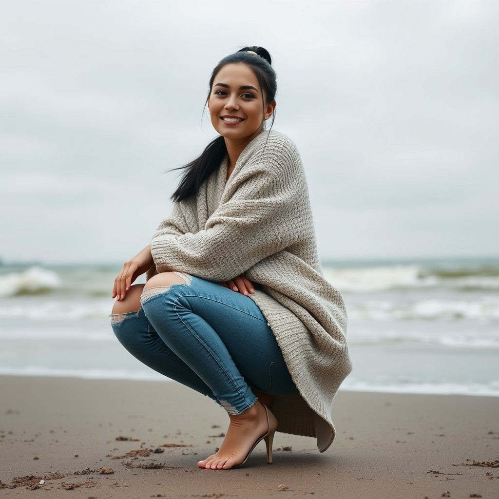 A tall, elegant Ukrainian woman with black hair tied in a ponytail and a sweet smile, squatting low on a beach during a dark overcast day