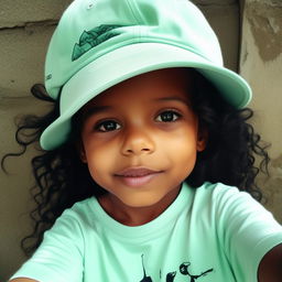 A grainy, phone-quality selfie of a delightful toddler girl with black hair, olive skin, donning a cap and a mint-colored t-shirt, encapsulating her candid charm.