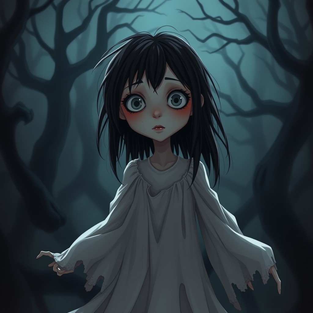 A scary animated girl, hauntingly beautiful, with disheveled black hair cascading down her shoulders