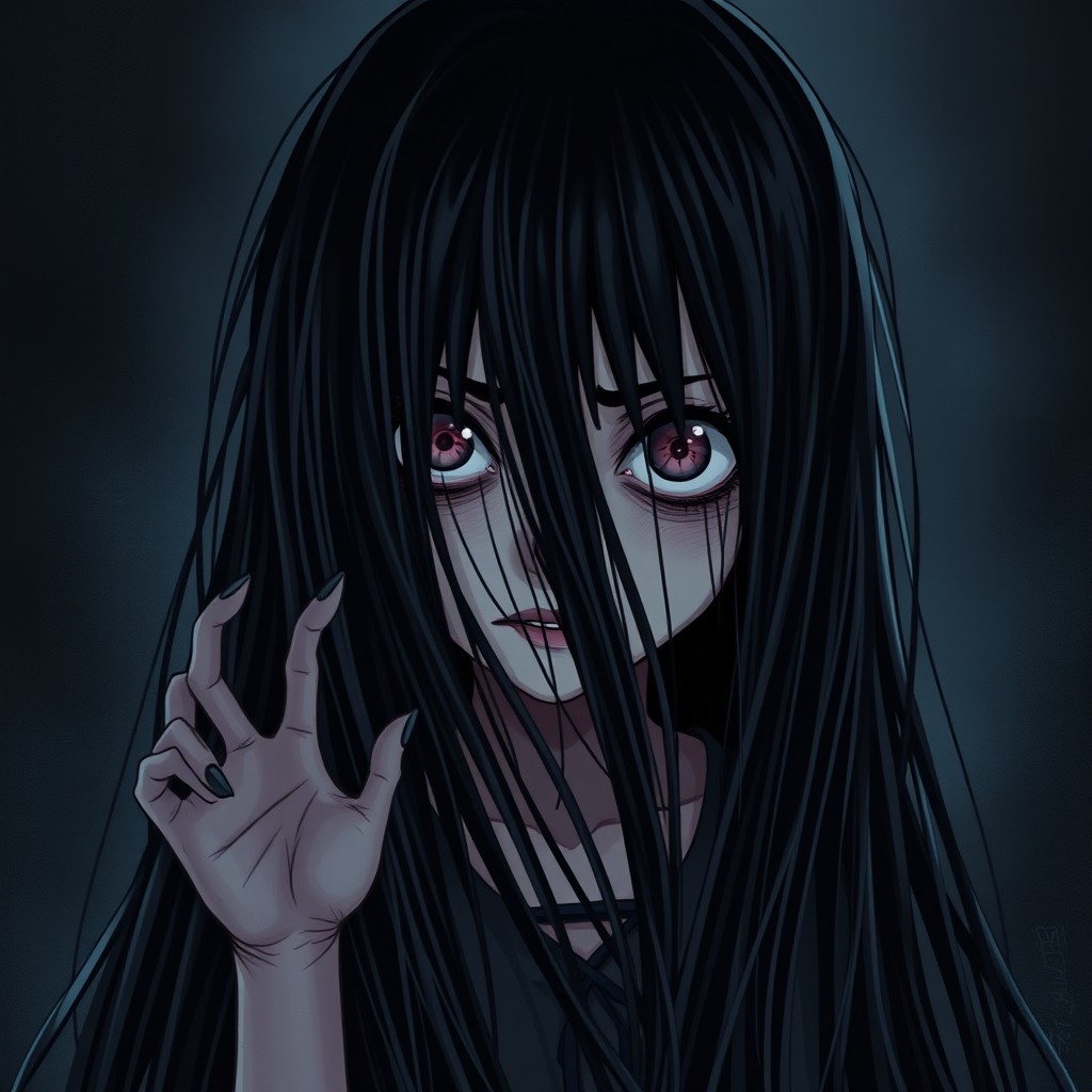 A horror-themed illustration featuring a terrifying girl with long black hair covering her face