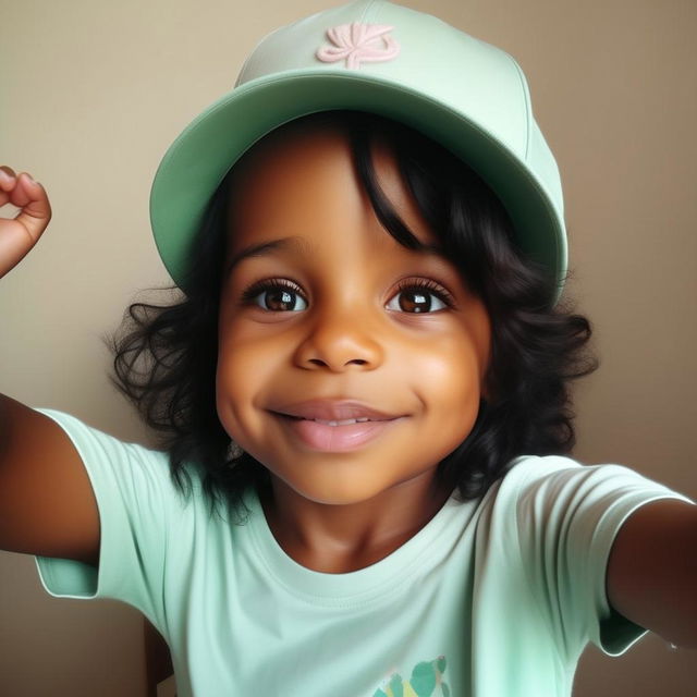 A grainy, phone-quality selfie of a delightful toddler girl with black hair, olive skin, donning a cap and a mint-colored t-shirt, encapsulating her candid charm.