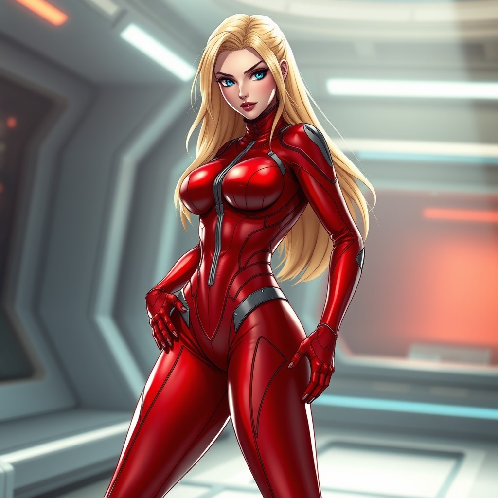 A beautiful realistic blonde woman resembling Dominique from the anime Space Cobra, wearing a tight-fitting red suit that accentuates her figure, posed in a full-body view