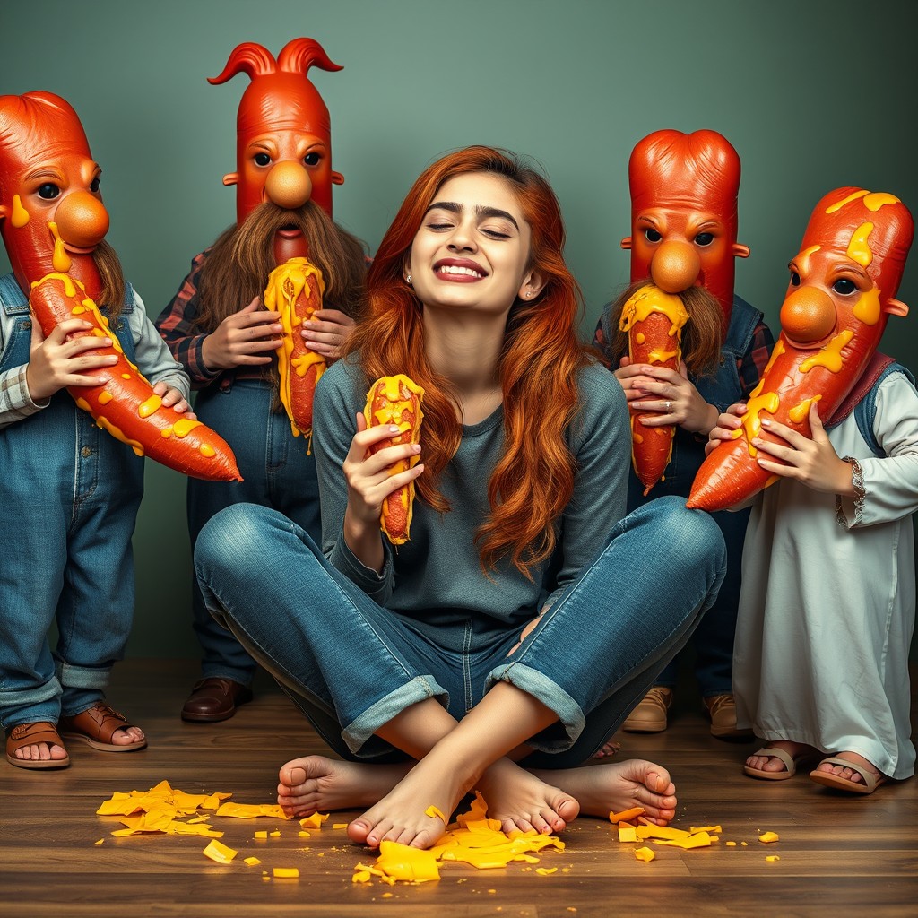 A Pakistani girl of 18 years old, with bright red hair, sitting crisscross with a joyful smile and her eyes closed