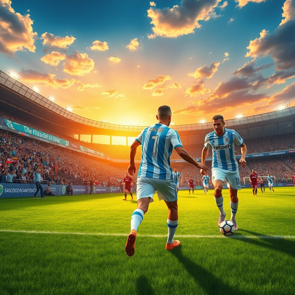 A vibrant, artistic interpretation of a Celta football club match, showcasing players in action on a lush green pitch
