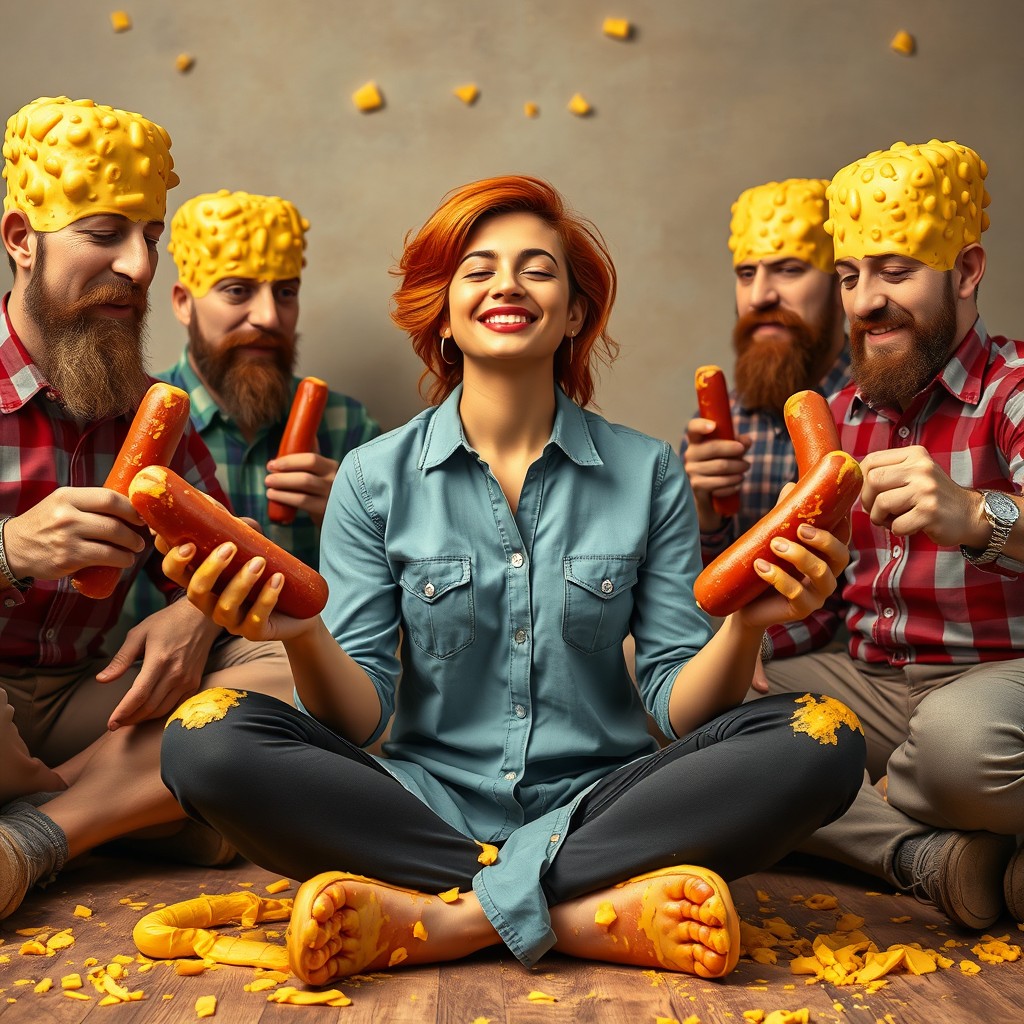 A surreal scene featuring a cheerful Pakistani woman with striking red hair, sitting cross-legged and smiling with her eyes closed