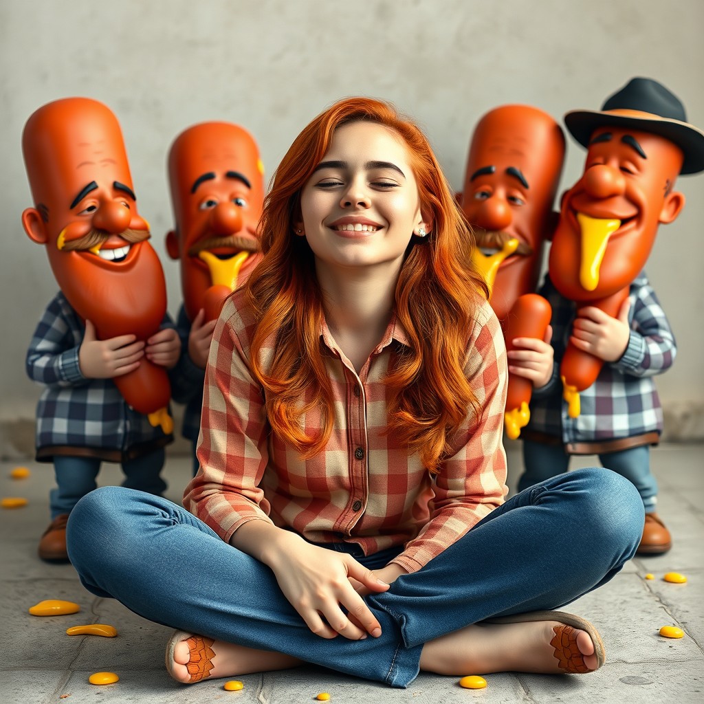 A young woman from Pakistan with bright red hair, featuring an expressive smile and eyes closed in a peaceful moment